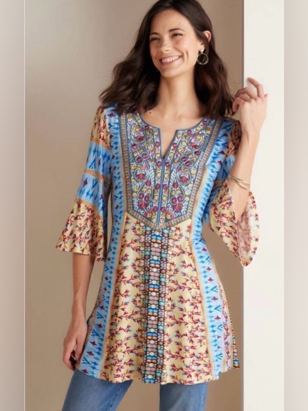 Soft Surroundings Fifi Bell Sleeve Floral Embroidered Tunic Top